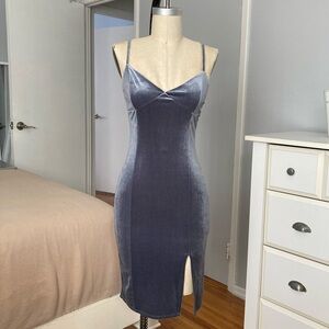 Womens forever21 grayish blue velvet midi fitted stretch dress in size M